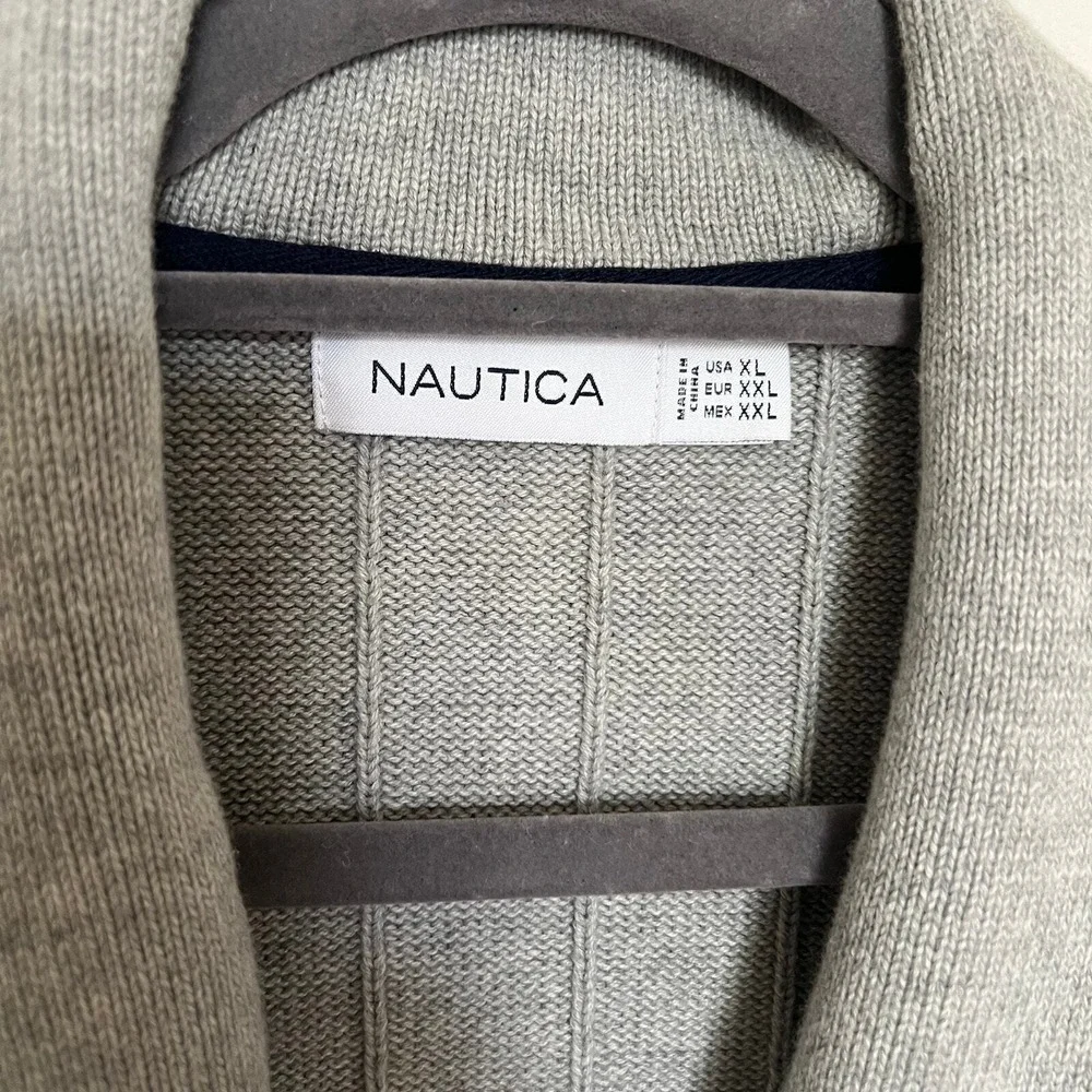 Nautica Mens XL Shawl Collar‎ Cardigan Sweater Gray Ribbed Cotton Button Front
